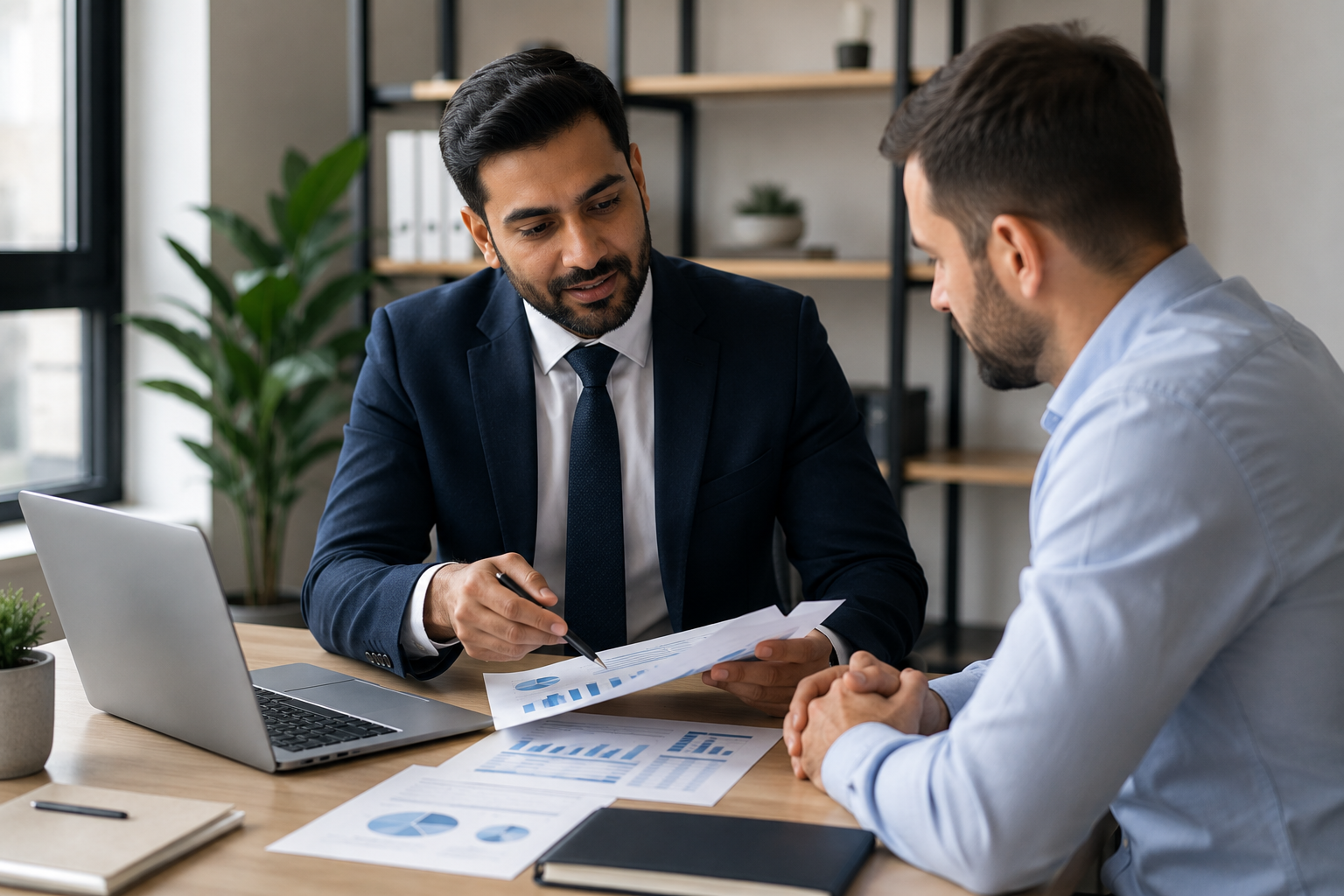 Professional accountant advising a UK business owner on financial planning and tax matters