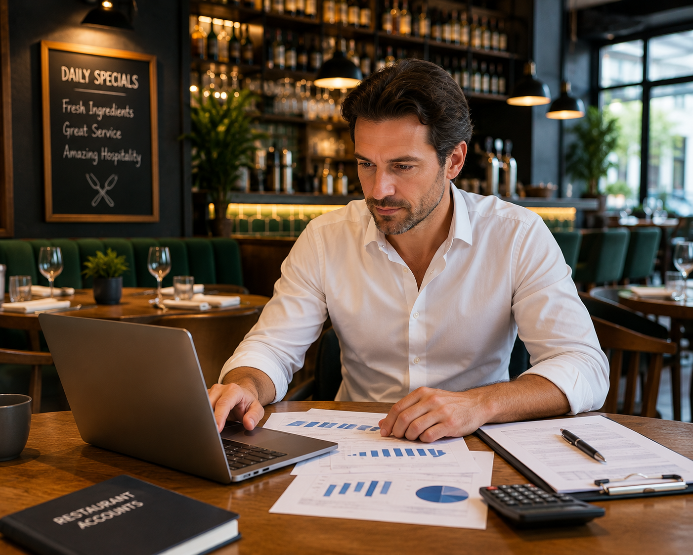 Restaurant owner reviewing financial reports and accounts on a laptop